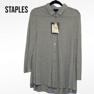 NWT STAPLES Gray and White BUTTON DOWN BLOUSE Top SMALL Flow Loose